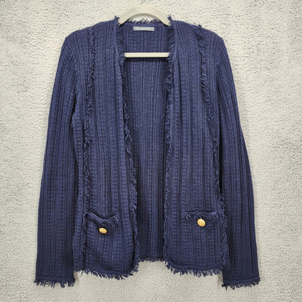 Alashan Cashmere Navy Blue Ribbed Fringe Trim Cardigan Sweater Gold Buttons S